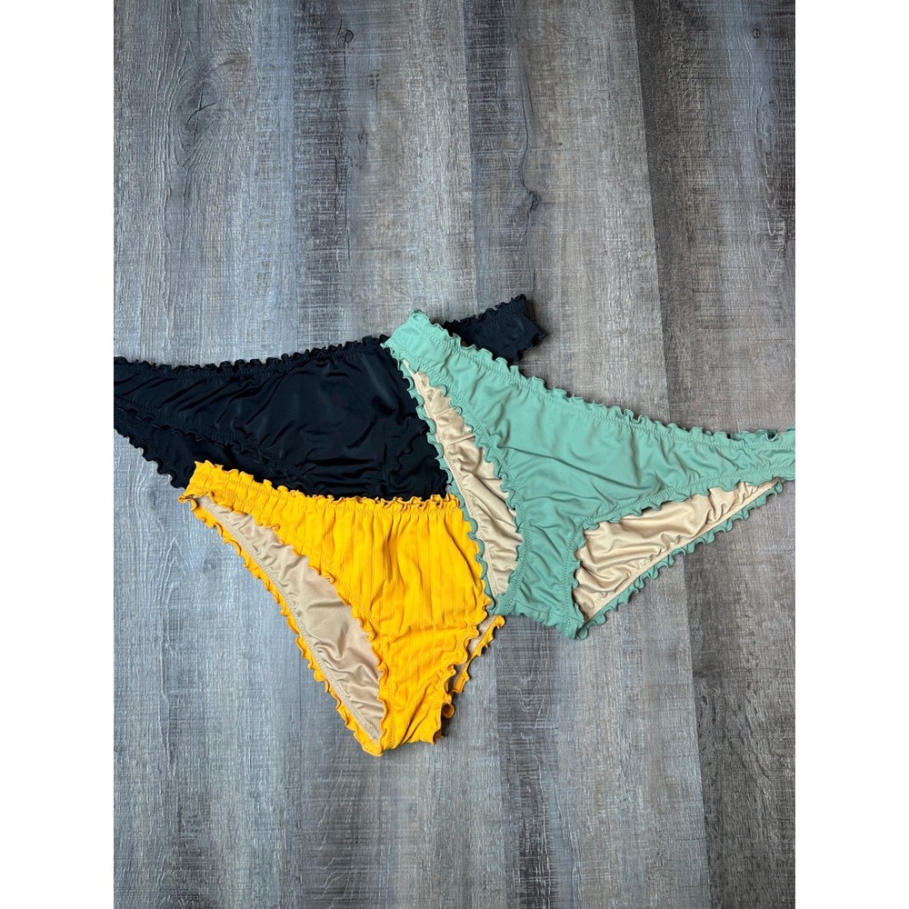 Shade & Shore Bikini Bottoms (3) Large Black Teal Cheeky Yellow Ribbed Ruffle